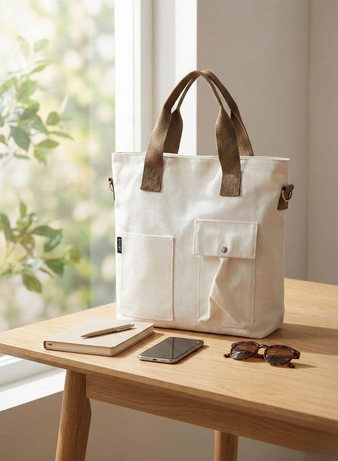 BROGBUS Canvas Tote Bag for Women Office Use, College Girls with Compartment, Cream - Image 2